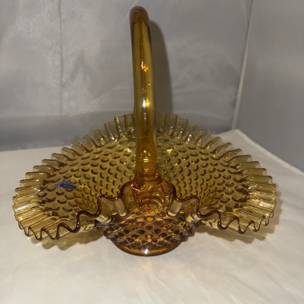 Vtg FENTON AMBER GLASS HOBNAIL RUFFLED EDGE BASKET CANDY DISH 9.5" Tall - Picture 2 of 13